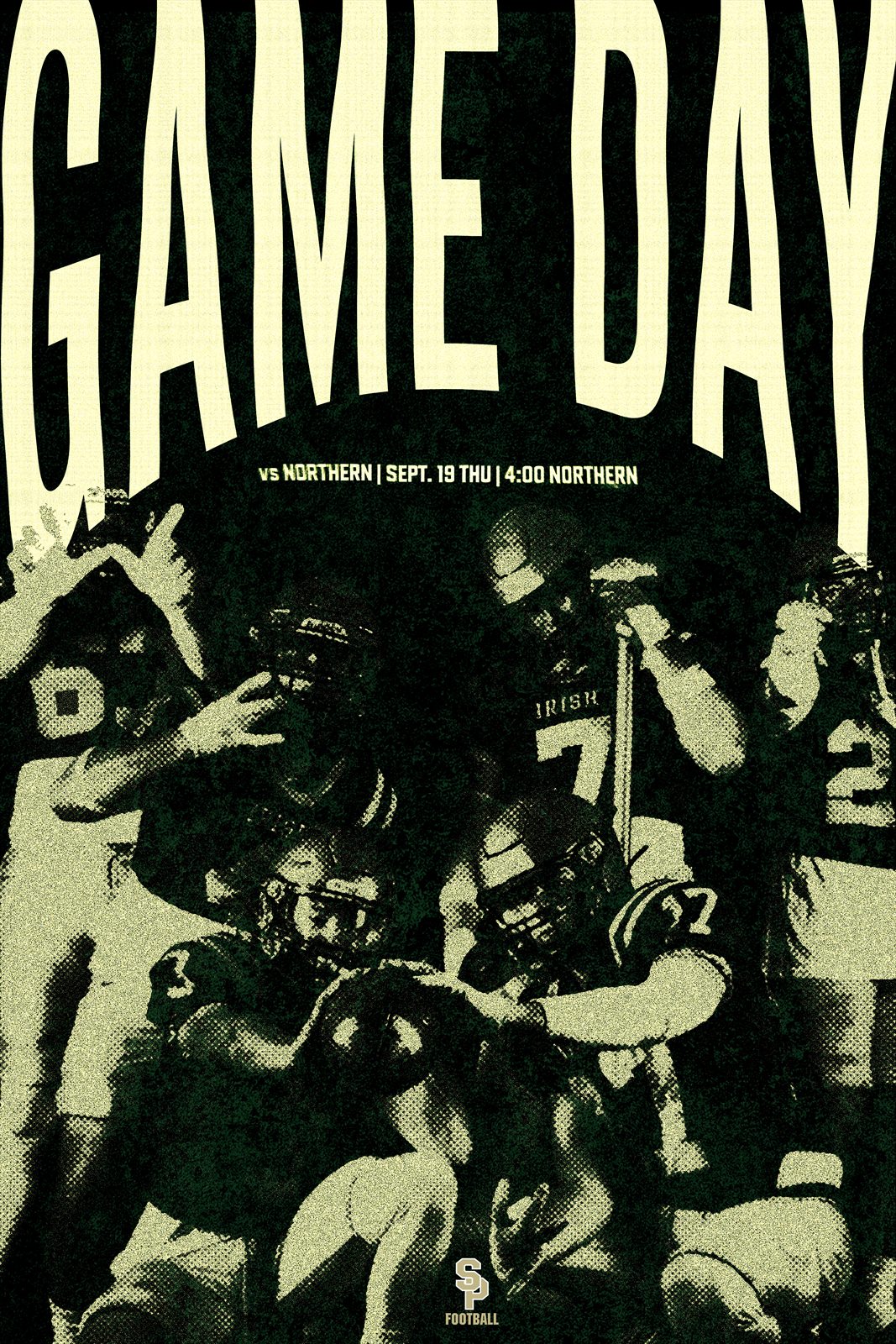 Vertical football game day poster featuring a team huddle.